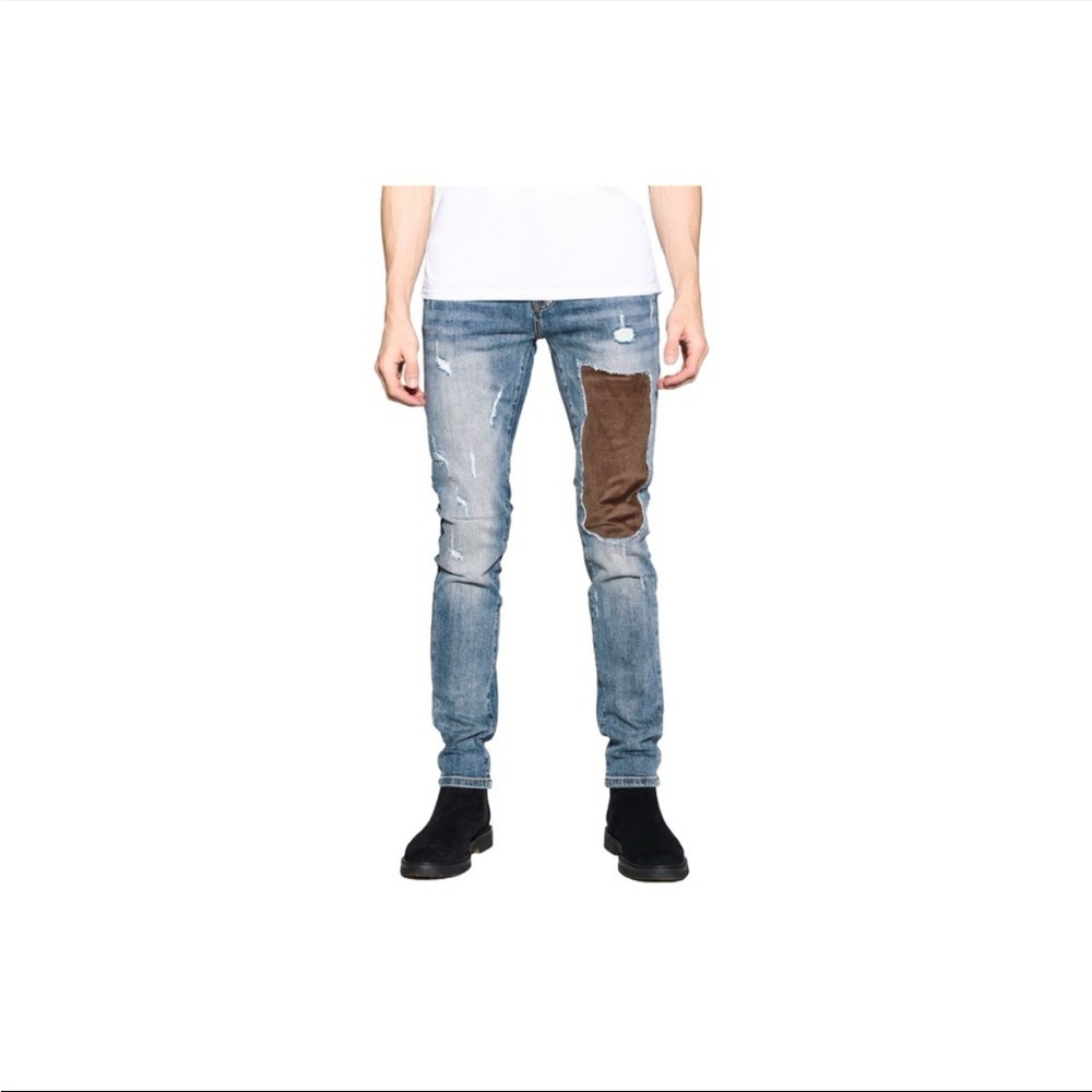 ANOM DENIM Mens Driftwook Blue Wash Slim Fit Jeans Patch Distressed Size 32